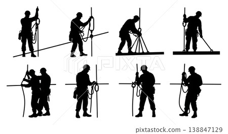 Black Solid Assembling Mobile Command Post Troop Silhouettes Set of Six on White Background Black Solid Assembling Mobile Command Post Troop Silhouettes Set of Six on White Background 138847129