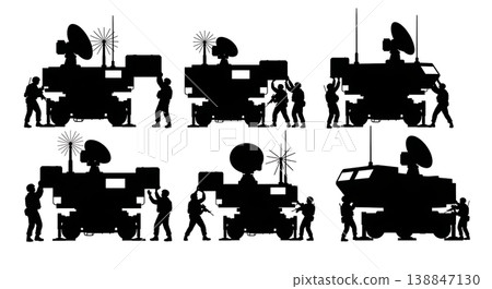 Black Solid Assembling Mobile Command Post Troop Silhouettes Set of Six on White Background 138847130