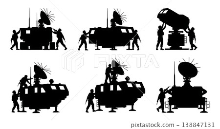 Black Solid Assembling Mobile Command Post Troop Silhouettes Set of Six on White Background 138847131