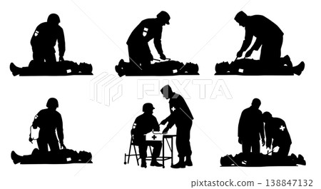 Black Solid Army Triage Medic Silhouettes Set Of Six On White Background Black Solid Army Triage Medic Silhouettes Set Of Six On White Background 138847132