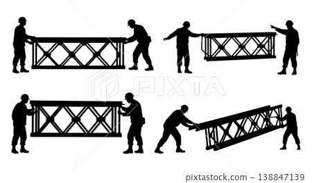 Black Solid Assembling Bailey Bridge Military Engineer Silhouettes Set of Six on White Background Black Solid Assembling Bailey Bridge Military Engineer Silhouettes Set of Six on White Background 138847139