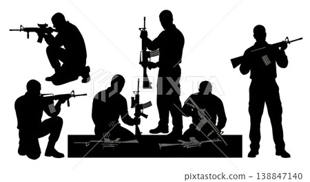 Black Solid Military Armorer Rifle Inspection Silhouettes Set of Six on White Background Black Solid Military Armorer Rifle Inspection Silhouettes Set of Six on White Background 138847140