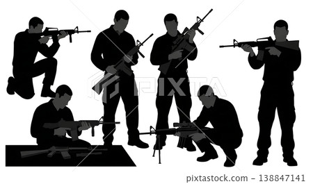 Black Solid Military Armorer Rifle Inspection Silhouettes Set of Six on White Background Black Solid Military Armorer Rifle Inspection Silhouettes Set of Six on White Background 138847141