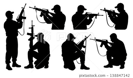 Black Solid Military Armorer Rifle Inspection Silhouettes Set of Six on White Background Black Solid Military Armorer Rifle Inspection Silhouettes Set of Six on White Background 138847142