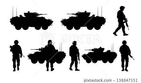 Black Solid Armored Convoy Escort Silhouettes Set of Six on White Background Black Solid Armored Convoy Escort Silhouettes Set of Six on White Background 138847151