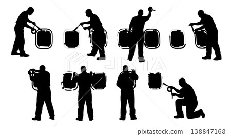 Black Solid Applying Masking Tape Window Mechanic Silhouettes Set of Six on White Background 138847168