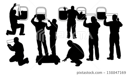 Black Solid Applying Masking Tape Window Mechanic Silhouettes Set of Six on White Background Black Solid Applying Masking Tape Window Mechanic Silhouettes Set of Six on White Background 138847169