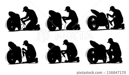 Black Solid Applying Motorcycle Chain Lube Mechanic Silhouettes Set of Six on White Background Black Solid Applying Motorcycle Chain Lube Mechanic Silhouettes Set of Six on White Background 138847170