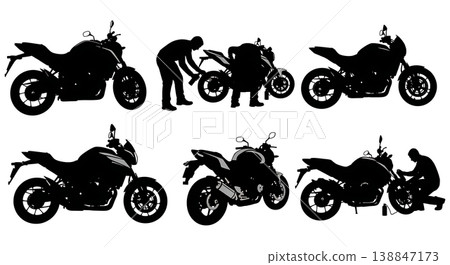 Black Solid Applying Motorcycle Chain Lube Mechanic Silhouettes Set of Six on White Background Black Solid Applying Motorcycle Chain Lube Mechanic Silhouettes Set of Six on White Background 138847173