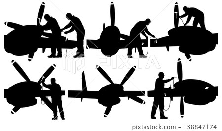 Black Solid Applying Safety Paint Propeller Tip Mechanic Silhouettes Set of Six on White Background 138847174