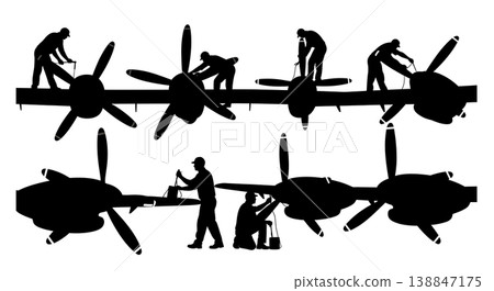 Black Solid Applying Safety Paint Propeller Tip Mechanic Silhouettes Set of Six on White Background Black Solid Applying Safety Paint Propeller Tip Mechanic Silhouettes Set of Six on White Background 138847175