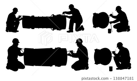 Black Solid Applying High Temperature Sealant Exhaust Mechanic Silhouettes Set of Six on White Background 138847181