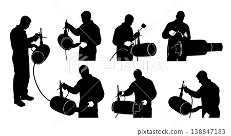 Black Solid Applying High Temperature Sealant Exhaust Mechanic Silhouettes Set of Six on White Background Black Solid Applying High Temperature Sealant Exhaust Mechanic Silhouettes Set of Six on White Background 138847183