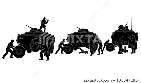 Black Solid APC Tire Changing Silhouettes Set of Six on White Background Black Solid APC Tire Changing Silhouettes Set of Six on White Background 138847186