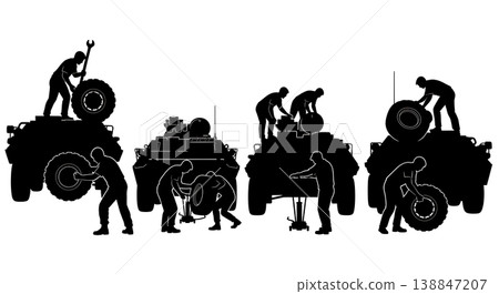 Black Solid APC Tire Changing Silhouettes Set of Six on White Background Black Solid APC Tire Changing Silhouettes Set of Six on White Background 138847207
