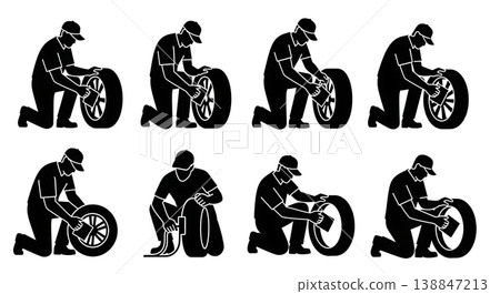 Black Solid Applying Emergency Rubber Patch Technician Silhouettes Set of Six on White Background Black Solid Applying Emergency Rubber Patch Technician Silhouettes Set of Six on White Background 138847213