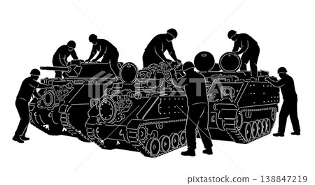 Black Solid APC Engine Repair Mechanics Silhouettes Set of Six on White Background 138847219