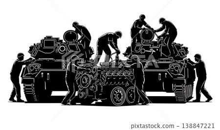 Black Solid APC Engine Repair Mechanics Silhouettes Set of Six on White Background Black Solid APC Engine Repair Mechanics Silhouettes Set of Six on White Background 138847221