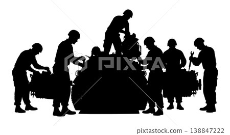 Black Solid APC Engine Repair Mechanics Silhouettes Set of Six on White Background Black Solid APC Engine Repair Mechanics Silhouettes Set of Six on White Background 138847222