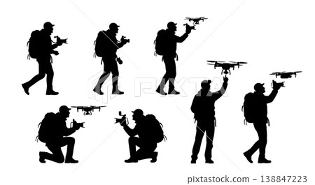 Black Solid Amateur Foldable Drone Mountain Hiker Silhouettes Set of Six on White Background 138847223
