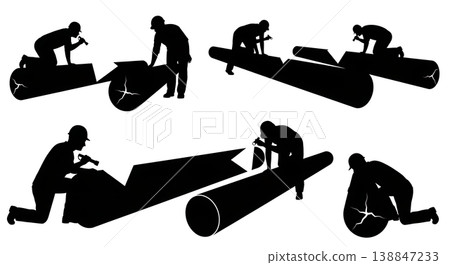 Black Solid Aluminum Pontoon Log Inspection Silhouettes Set of Six on White Background Black Solid Aluminum Pontoon Log Inspection Silhouettes Set of Six on White Background 138847233