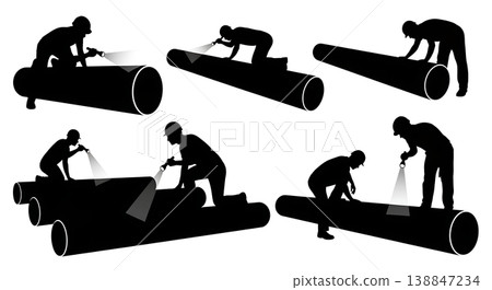 Black Solid Aluminum Pontoon Log Inspection Silhouettes Set of Six on White Background 138847234