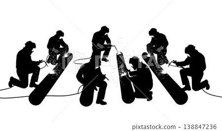 Black Solid Aluminum Pontoon Log Welding Silhouettes Set of Six on White Background Black Solid Aluminum Pontoon Log Welding Silhouettes Set of Six on White Background 138847236