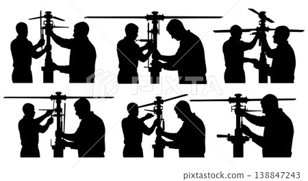 Black Solid Aligning Main Rotor Swashplate Technician Silhouettes Set of Six on White Background 138847243