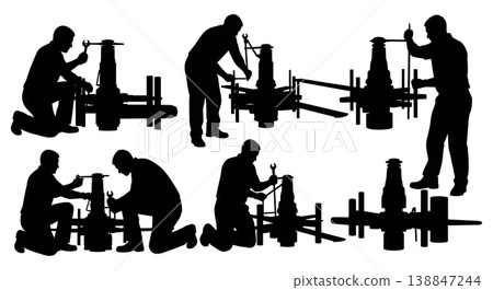 Black Solid Aligning Main Rotor Swashplate Technician Silhouettes Set of Six on White Background 138847244