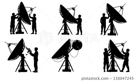 Black Solid Aligning Satellite Dish Tripod Troop Silhouettes Set of Six on White Background Black Solid Aligning Satellite Dish Tripod Troop Silhouettes Set of Six on White Background 138847245