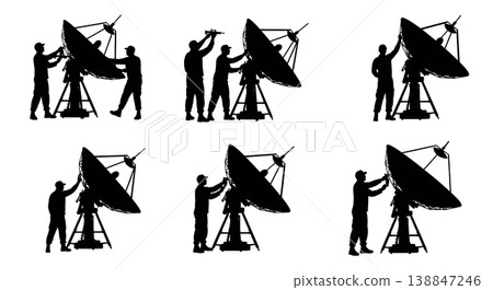 Black Solid Aligning Satellite Dish Tripod Troop Silhouettes Set of Six on White Background 138847246