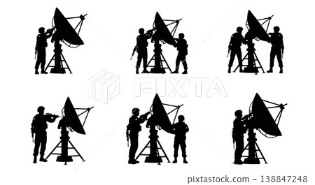Black Solid Aligning Satellite Dish Tripod Troop Silhouettes Set of Six on White Background Black Solid Aligning Satellite Dish Tripod Troop Silhouettes Set of Six on White Background 138847248