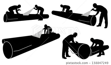 Black Solid Aluminum Pontoon Log Inspection Silhouettes Set of Six on White Background Black Solid Aluminum Pontoon Log Inspection Silhouettes Set of Six on White Background 138847249