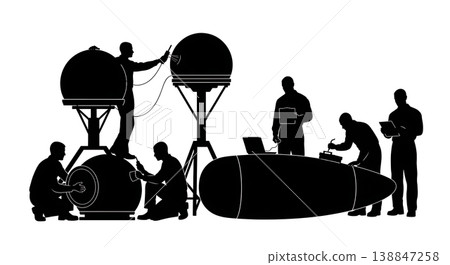 Black Solid Aircraft Radome Testing Mechanics Silhouettes Set of Six on White Background 138847258