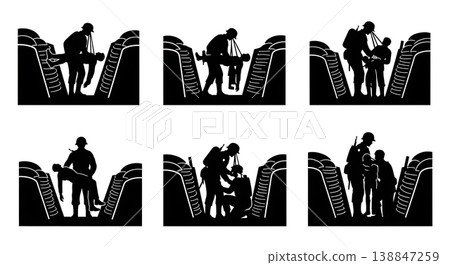 Black Solid Administering First Aid Trench Troop Silhouettes Set of Six on White Background Black Solid Administering First Aid Trench Troop Silhouettes Set of Six on White Background 138847259