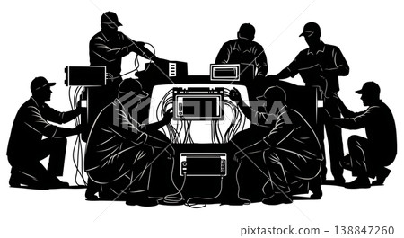 Black Solid Aftermarket Car Audio Installation Silhouettes Set of Six on White Background Black Solid Aftermarket Car Audio Installation Silhouettes Set of Six on White Background 138847260