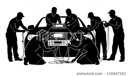 Black Solid Aftermarket Car Audio Installation Silhouettes Set of Six on White Background 138847262