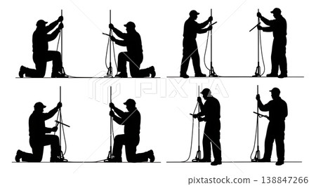 Black Solid Adjusting Tension Elevator Cable Technician Silhouettes Set of Six on White Background 138847266