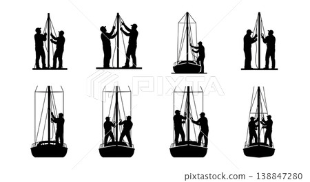 Black Solid Adjusting Sailboat Mast Rigging Mechanic Silhouettes Set of Six on White Background Black Solid Adjusting Sailboat Mast Rigging Mechanic Silhouettes Set of Six on White Background 138847280