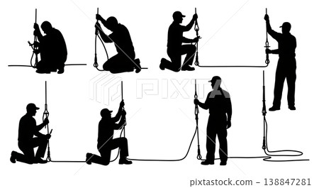 Black Solid Adjusting Tension Elevator Cable Technician Silhouettes Set of Six on White Background Black Solid Adjusting Tension Elevator Cable Technician Silhouettes Set of Six on White Background 138847281