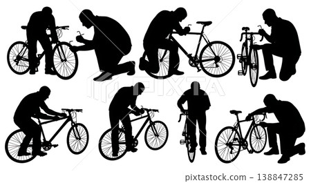 Black Solid Adjusting Rear Derailleur Allen Key Mechanic Silhouettes Set of Six on White Background 138847285