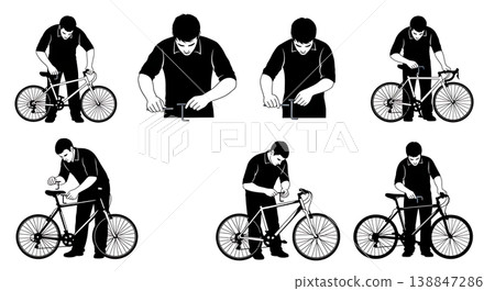 Black Solid Adjusting Rear Derailleur Allen Key Mechanic Silhouettes Set of Six on White Background Black Solid Adjusting Rear Derailleur Allen Key Mechanic Silhouettes Set of Six on White Background 138847286