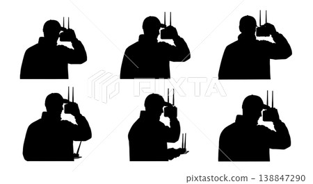 Black Solid Adjusting FPV Antenna Operator Silhouettes Set of Six on White Background 138847290
