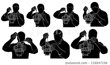 Black Solid Adjusting Complex Carburetor Technician Silhouettes Set of Six on White Background Black Solid Adjusting Complex Carburetor Technician Silhouettes Set of Six on White Background 138847298