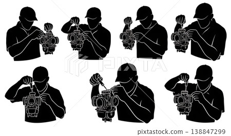 Black Solid Adjusting Complex Carburetor Technician Silhouettes Set of Six on White Background Black Solid Adjusting Complex Carburetor Technician Silhouettes Set of Six on White Background 138847299