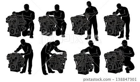 Black Solid Adjusting Complex Timing Belt Mechanic Silhouettes Set of Six on White Background Black Solid Adjusting Complex Timing Belt Mechanic Silhouettes Set of Six on White Background 138847301