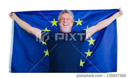 Mature man holding European Union flag celebrating unity 138847366