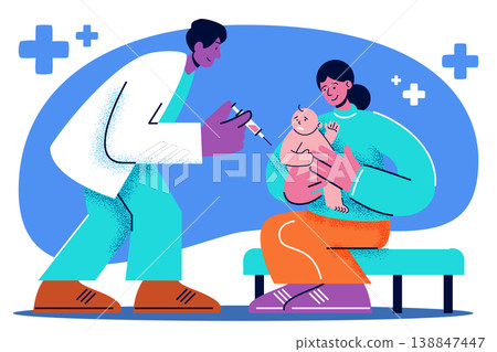 Pediatrician doctor giving a vaccine or check-up to a baby held by mother. Medical healthcare, infant immunization, and postnatal clinical visit vector illustration. Corporate memphis style. 138847447
