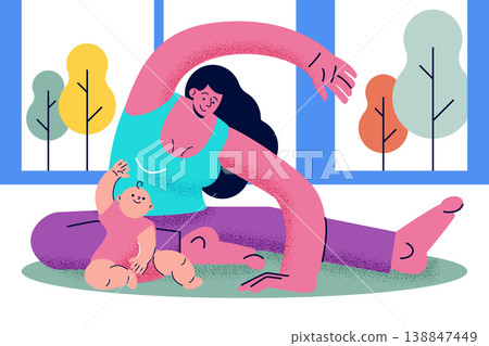 Mother practicing yoga and stretching at home with her baby nearby. Postnatal fitness, wellness, healthy lifestyle, and self-care for new moms vector illustration. Corporate memphis style. Mother practicing yoga and stretching at home with her baby nearby. Postnatal fitness, wellness, healthy lifestyle, and self-care for new moms vector illustration. Corporate memphis style. 138847449