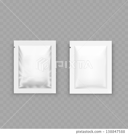 Realistic White Foil Sachet Mockup Set. Vector Blank Square Packet Templates with Tear Notch for Cosmetic or Food. 138847588